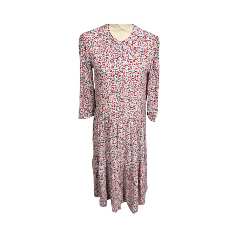 Cath Kidston floral dress 3/4 sleeves tiered round neck orange blue size 10